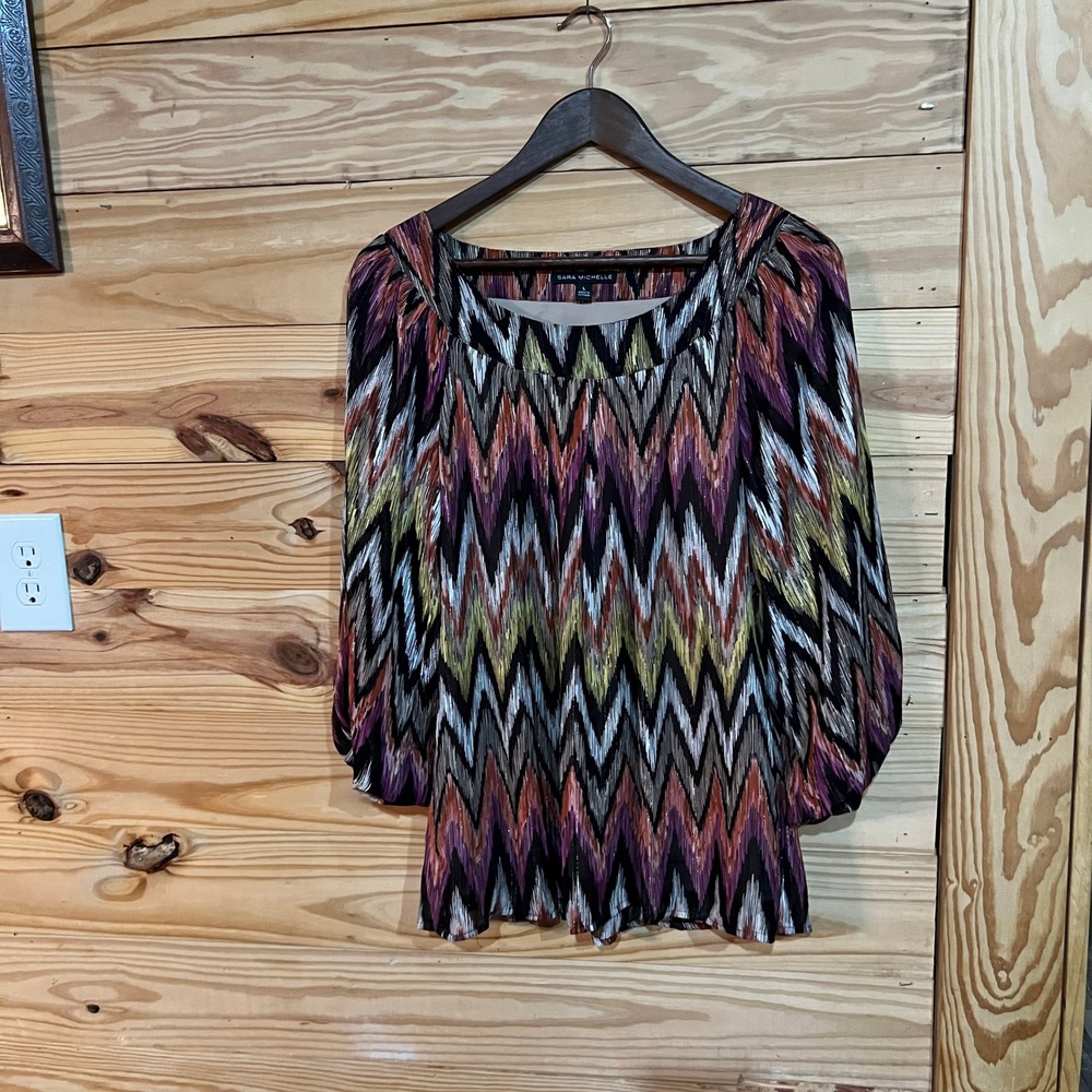 Sara Michelle Blouse Womens Lg Multicolor Chevron Print Tie Neck 3/4 Sleeve Boho